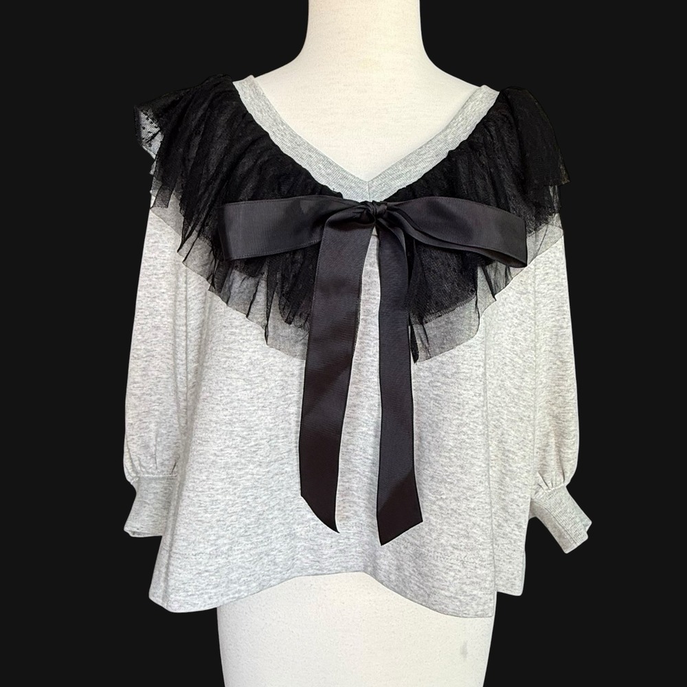 Anthropologie Maeve V-Neck Bow Sweater Pullover Top Tulle Collar Mesh Ruffle Med